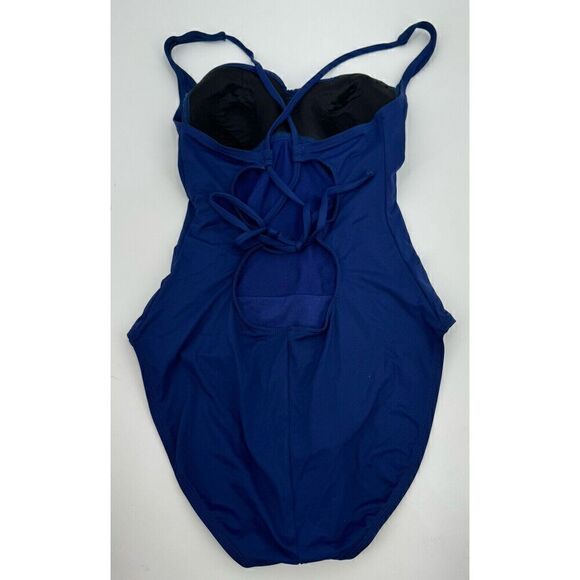 Longitude Swimsuit One Piece Blue Gold Chain Ruched Slimming Full Coverage Sz 8 - Picture 3 of 5